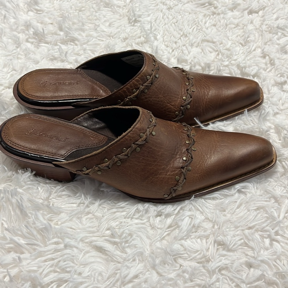 Sonora by Double H Boots Brown Studded Pointed Toe Leather Mules 6.5 - Picture 7 of 10